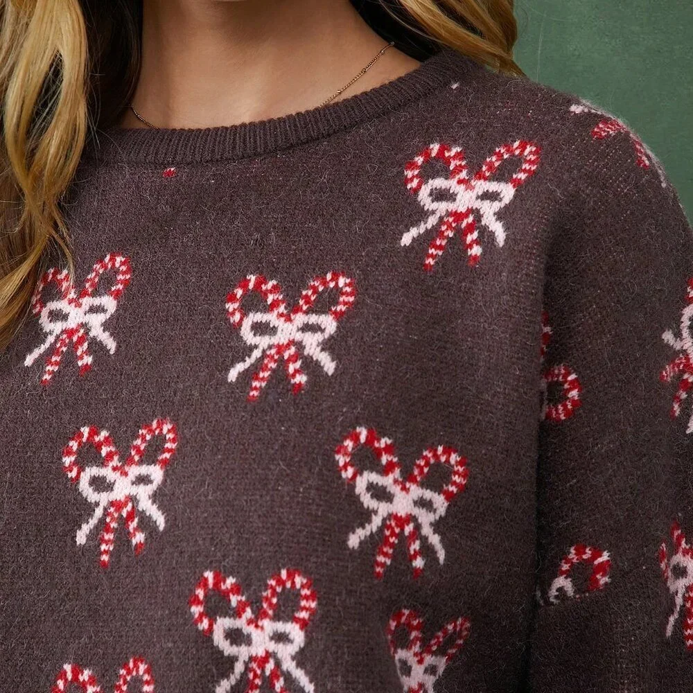 Multicolor Casual Women's Candy Cane Bows Pattern Crew Neck Long Sleeve Sweater